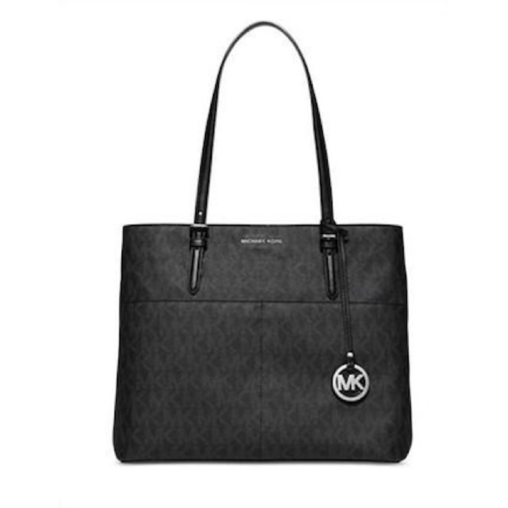 Michael Kors Bedford Large Black Monogram Logo Pocket Tote Bag